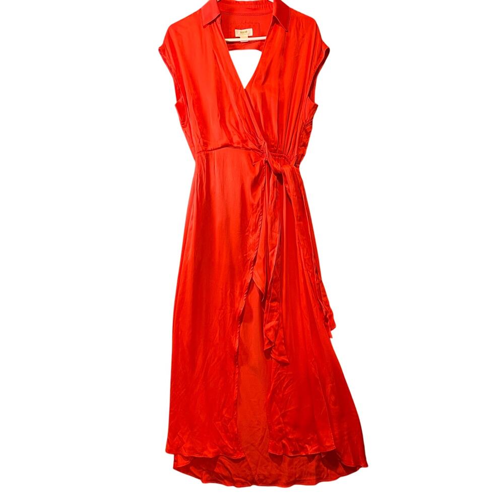 Anthropologie Maeve Open Back Satin Wrap Midi Dress Orange Size Small Summer